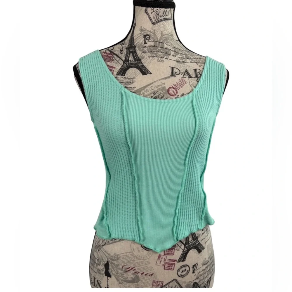 FITZ + EDDI Mint Green Ribbed Cotton Crop Tank Top Size S | Raw Edge Boho